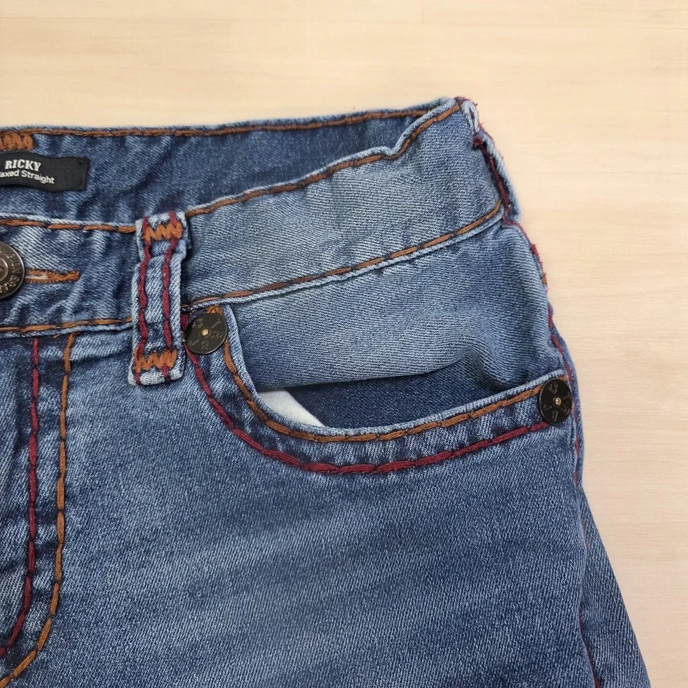 True Religion Ricky Super T Flap Jeans Size 31 Thick Red Contrast‎ Stitch USA